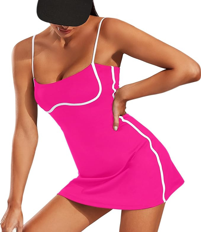 Amazon.com: Move With You Womens Workout Tennis Dress with Built-in Bra & Shorts Pockets Sleevele... | Amazon (US)