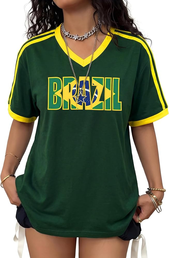 Soccer Jersey Shirt Women Brazil Jersey Shirts Graphic Soccer Fans Tshirt Y2K V Neck Short Sleeve... | Amazon (US)
