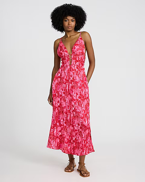 Floral Crinkle Satin V-neck Sleeveless Strappy Midi Dress | Express