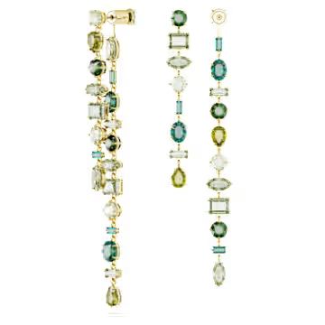 Gema drop earrings, Asymmetrical design, Mixed cuts, Extra long, Green, Gold-tone plated by SWARO... | SWAROVSKI