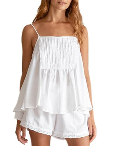 Womens Pajamas Set Sleeveless Spaghetti Strap Ruffle Trim Top and Shorts Sets Cozy Pajamas Set (White, Medium) | Amazon (US)
