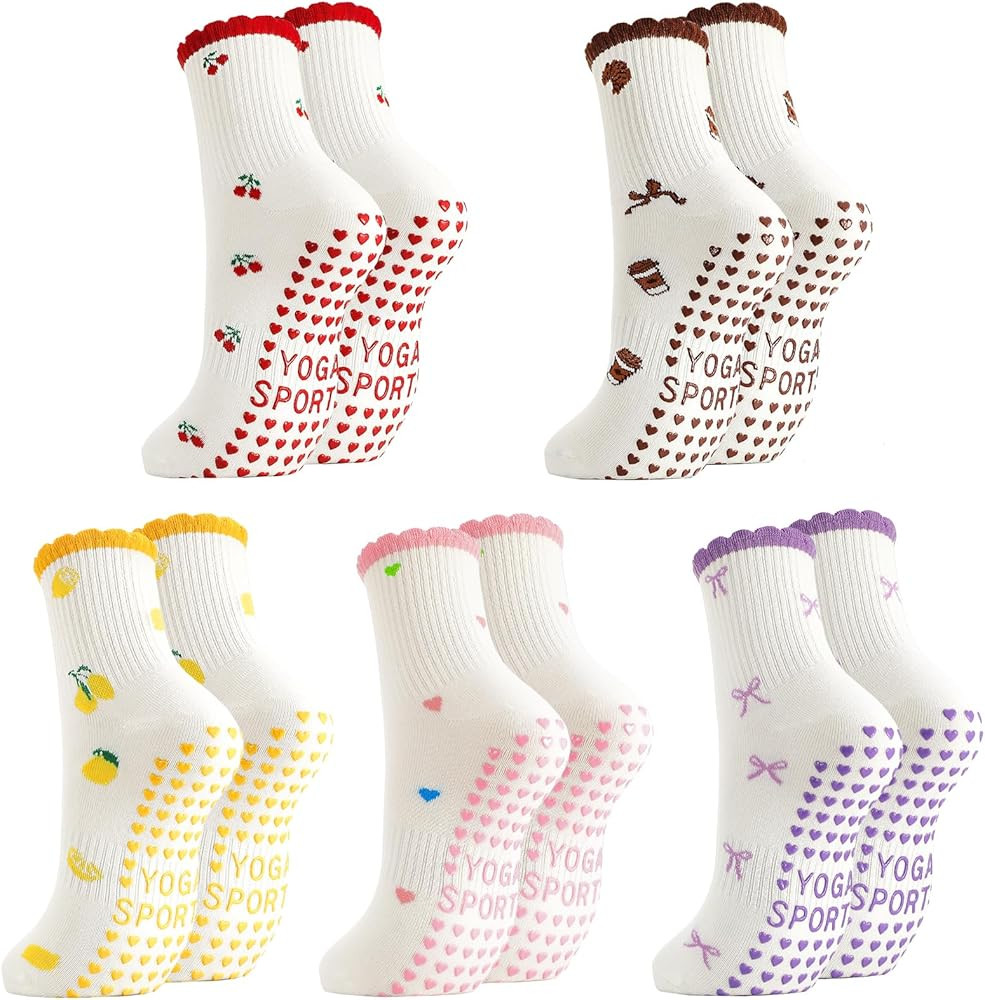 5 Pairs Cute Pilates Socks for Women, Ruffle Frilly Yoga Socks Non Slip Cotton Crew Socks with Em... | Amazon (US)
