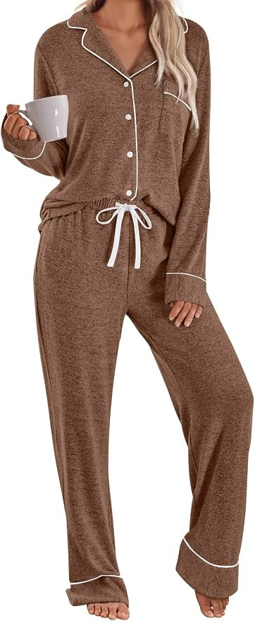 LILLUSORY Women's Long Sleeve Pajama Set - Soft Button-Down Top & Comfortable Drawstring Pants wi... | Amazon (US)