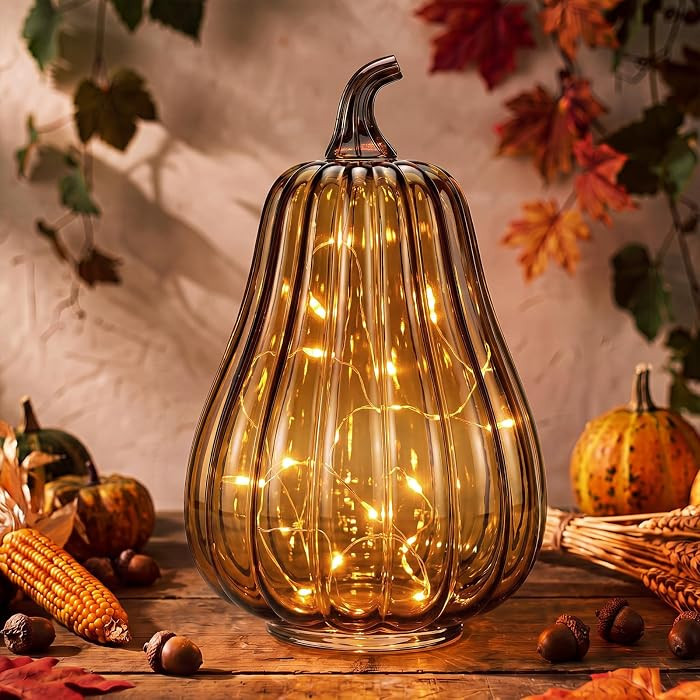Glooglitter Glass Pumpkin Light LED Fall Lamp Fall Home Decor Thanksgiving Night Light for Bedroo... | Amazon (US)