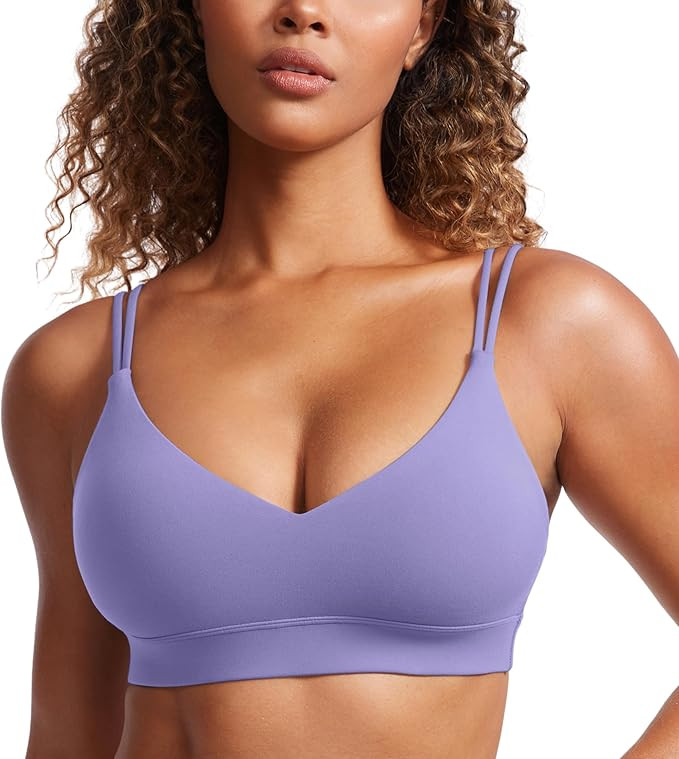 CRZ YOGA Butterluxe V Neck Strappy Sports Bras for Women - Thin Spaghetti Strap Padded Bra Sexy W... | Amazon (US)