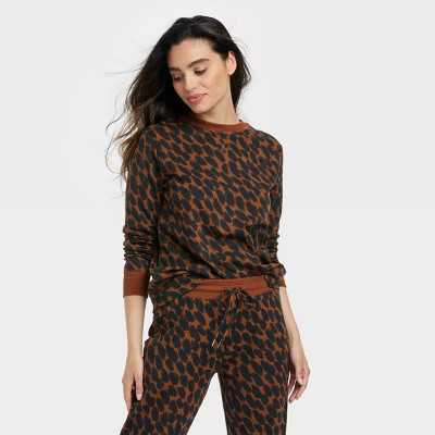 Women's Animal Print Beautifully Soft Fleece Sweatshirt - Stars Above™ Dark Brown L | Target