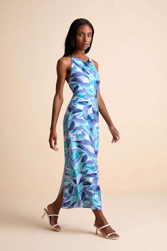 Valdria Blue Abstract Cowl Halter Midi Dress | Lulus