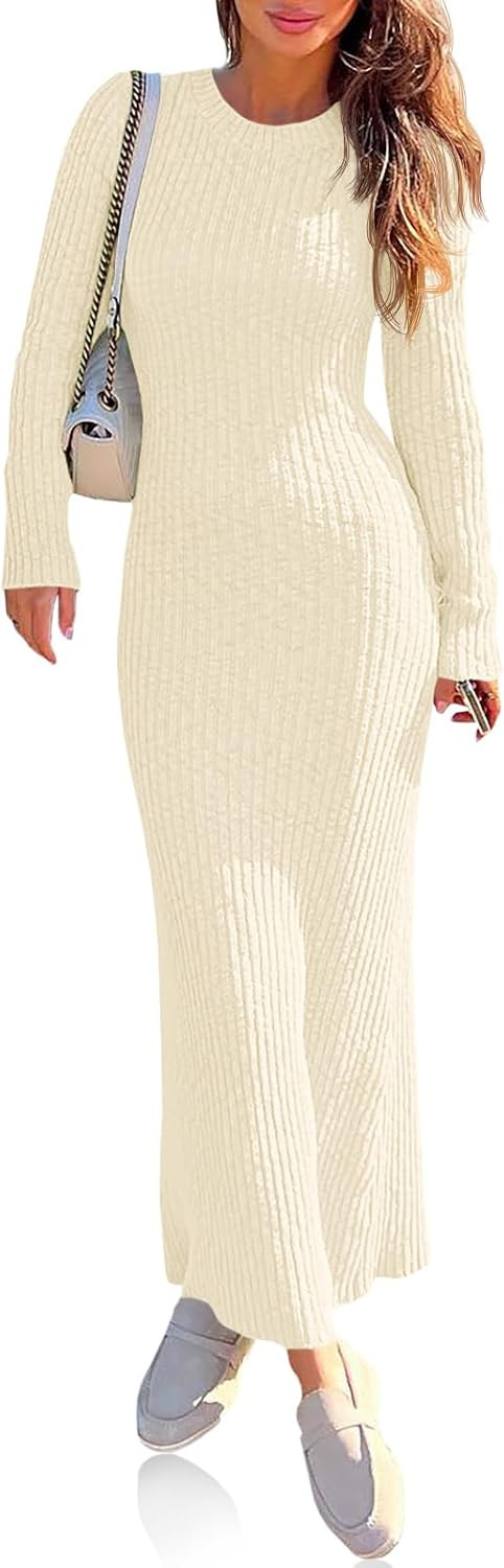 Wenrine Womens Sweater Dress Long Sleeve Ribbed Knit Fall Maxi Dresses | Amazon (US)