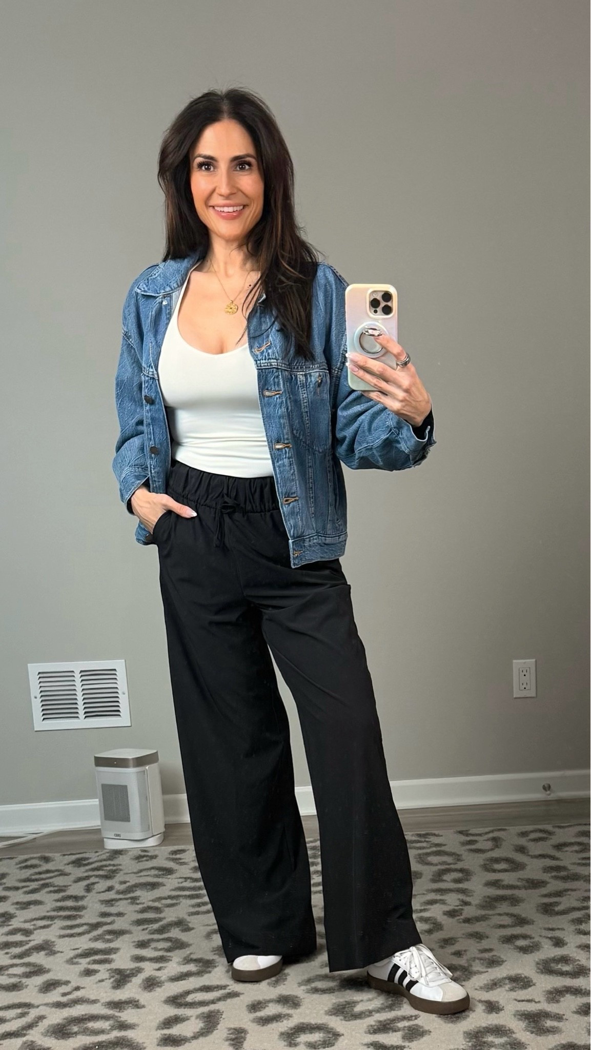 My mom uniform lately. 🤍

One minute it’s warm, the next it’s chilly, so light layers have been getting a workout.

This denim jacket, tank, and wide-leg pants combo has been my go-to for school drop-offs, errands, and everyday mom life.

#LTKootd #LTKSeasonal #LTKOver40