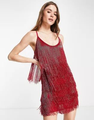 ASOS DESIGN embellished fringed mini dress in red | ASOS (Global)