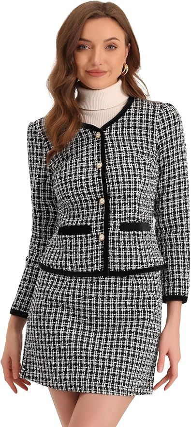 Allegra K Business Suit Set for Women's 2 Piece Outfits Plaid Tweed Short Blazer Jacket and Skirt... | Amazon (US)