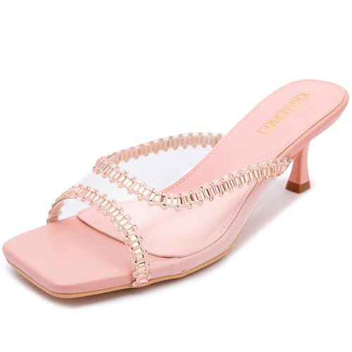 KHPAERMEI Rhinestone Pink Kitten Heels for Women Open Square Toe Sandals Slip on Mules Stiletto Glitter Wedding Daily Party Shoes Size 7.5 | Amazon (US)