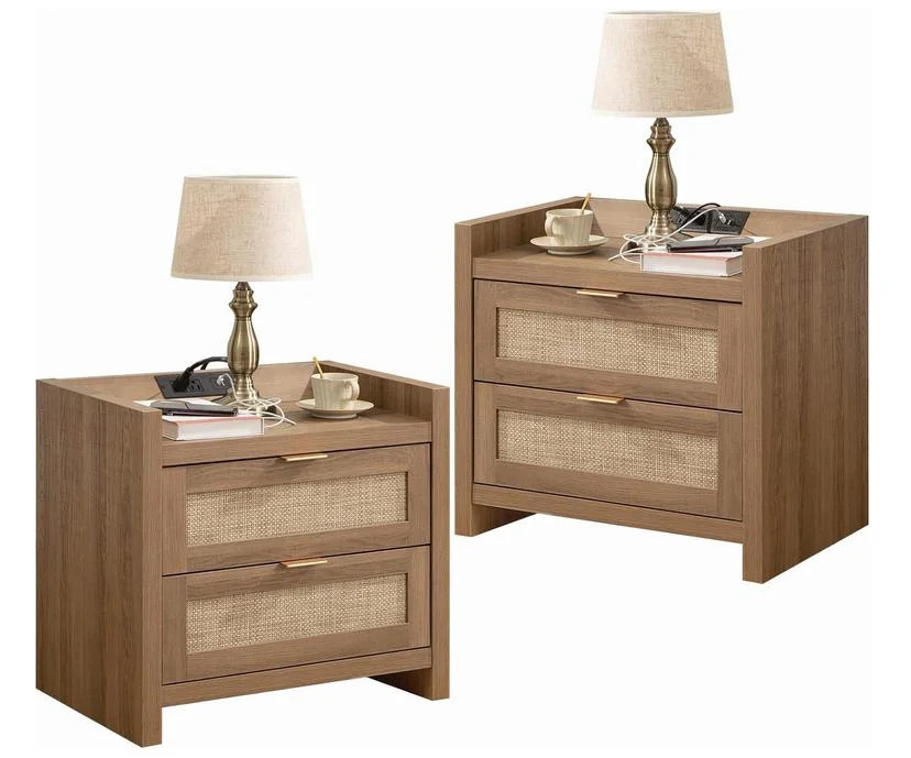 2 Piece Night Stand , Rattan Nightstands with Type-C Charging Station, Drawers - Boho Wood Bed Si... | Walmart (CA)