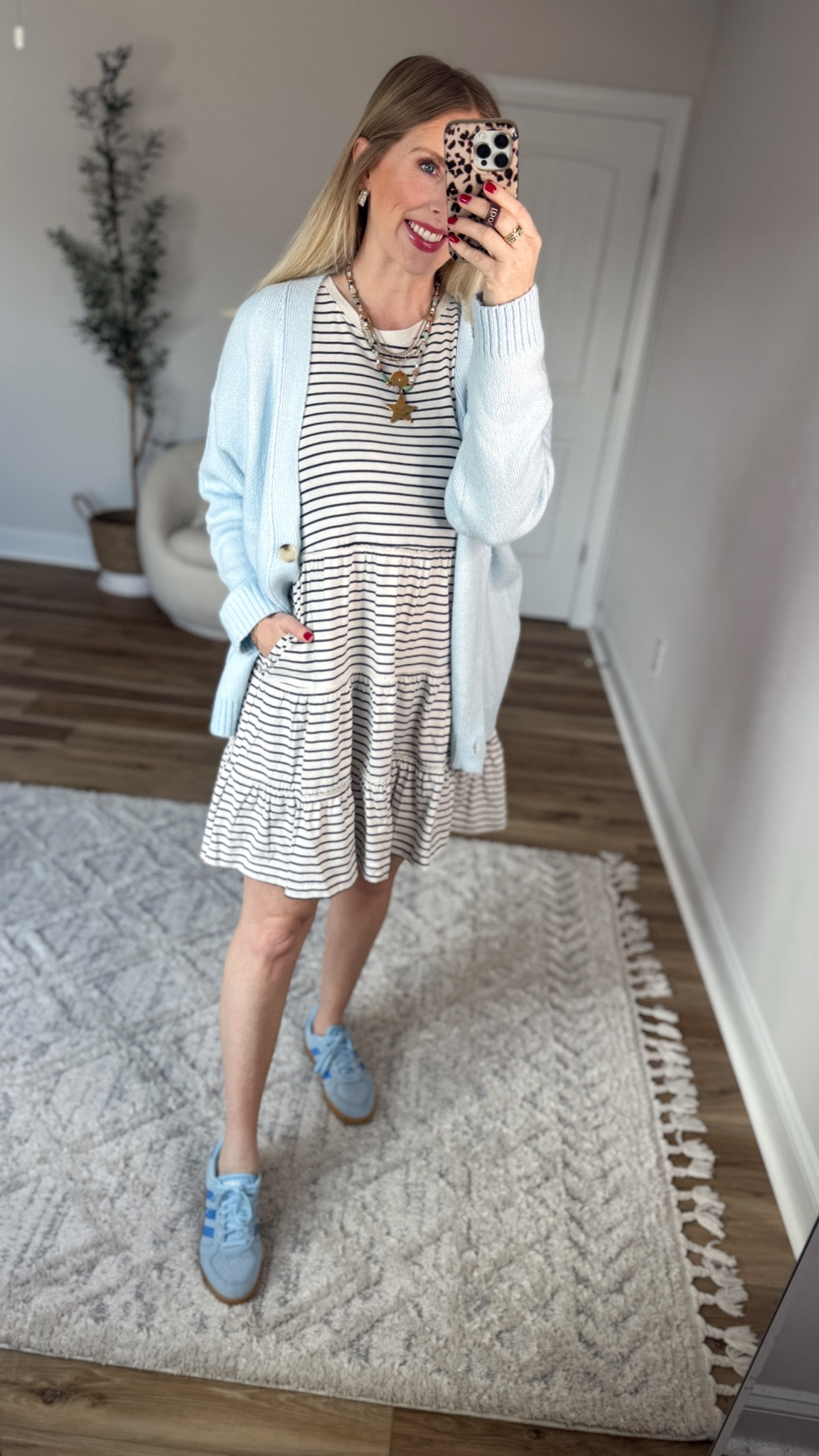 Daily try on, Walmart outfit, Walmart fashion, Walmart try on, time and tru, striped tshirt dress, blue cardigan 

#LTKootd #LTKmomlife #LTKWorkwear