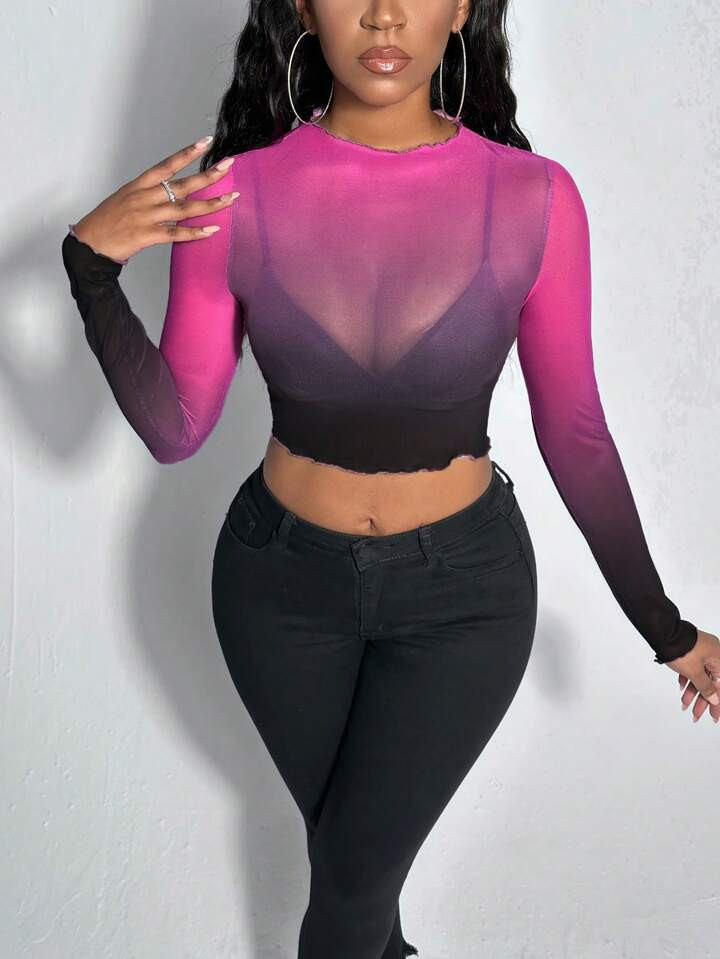 SHEIN Slayr Ombre Lettuce Trim Crop Mesh Top Without Bra | SHEIN