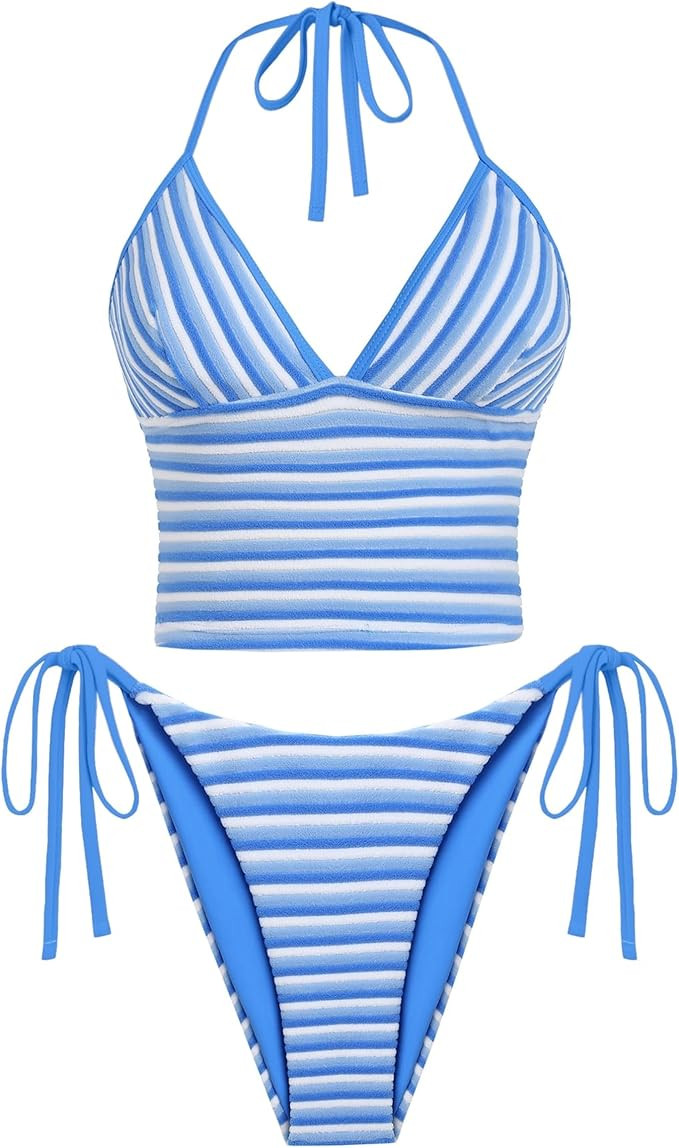 ZAFUL Striped Swim Suits for Women 2025 Halter V Neck Tankini Sets Terry Bikini High Cut Tie Side... | Amazon (US)