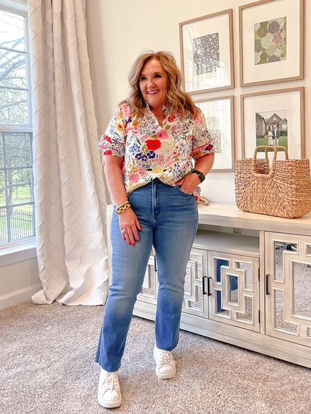 New blouse from Avara. Use code NANETTE15 off your first order. Wearing an XL 

Jeans size up a full size. I’m in a 33. 

Spring outfit, spring blouse 

#LTKSeasonal #LTKstyletip #LTKunder100