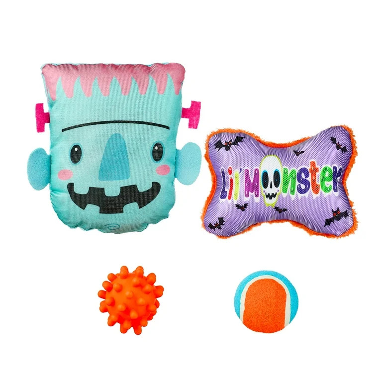 Vibrant Life Halloween Dog Toys, 4 Piece Multipack, Teal Plush Frankenstein, Purple Squeaky Bone,... | Walmart (US)