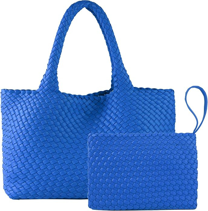 Blue Woven Tote Bag for Women Vegan Leather Handwoven Bags with Small Purse | Amazon (US)