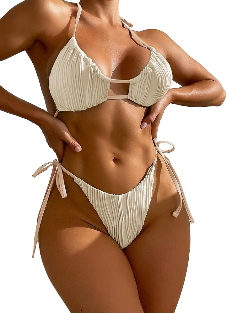 Zonsaoja Women's Two Piece Bikini Swimsuit Sexy Ribbed Halter Triangle Top Bathing Suits Cheeky S... | Amazon (US)