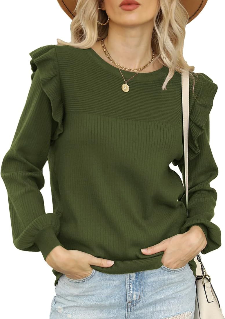 DEEP SELF Womens Long Sleeve Sweaters Ruffle Sweater for Women Casual Fall Sweatshirts Cozy Knit Pul | Amazon (US)