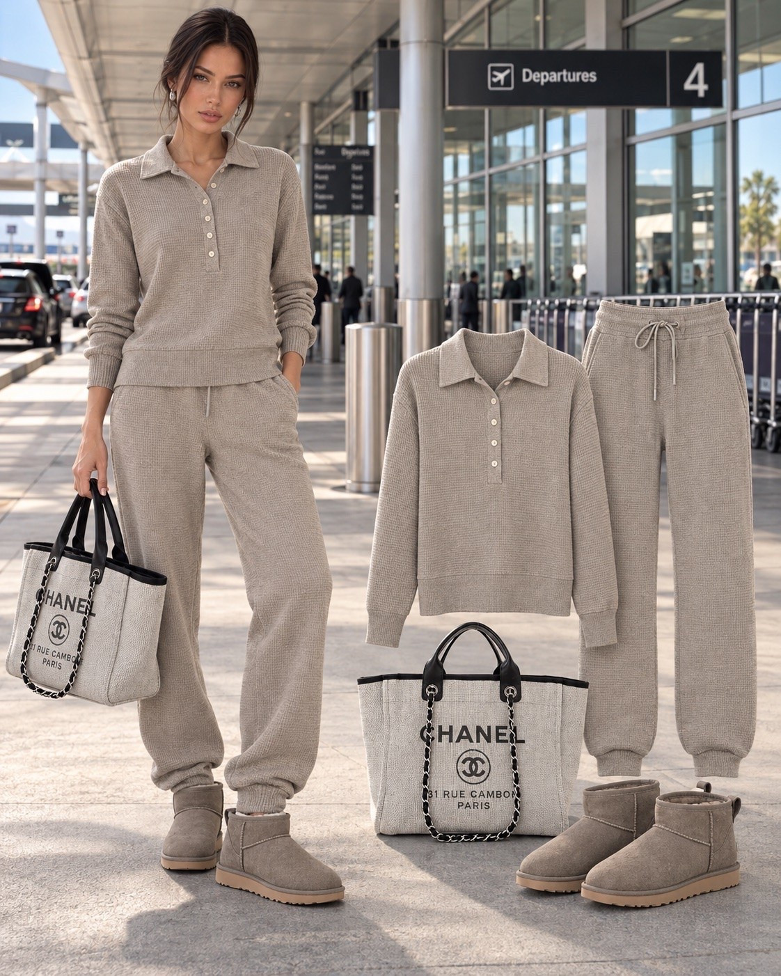 Airport chic outfit, comfortable travel outfit