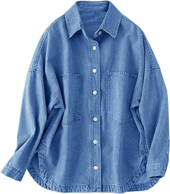 Women Denim Jacket Shacket Long Sleeve Oversize Boyfriend Jean Jacket Shirt | Amazon (US)