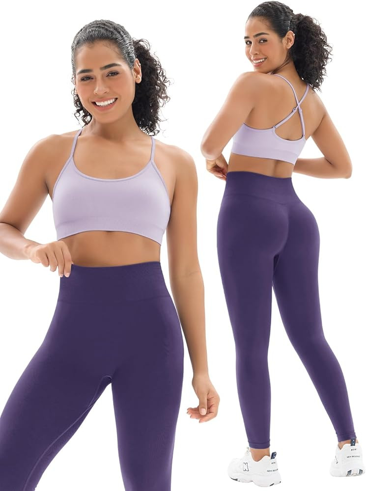 Seamless Workout Sets for Women 2 Piece Adjustable Strappy Sports Bra with High Waisted Butt Lift... | Amazon (US)