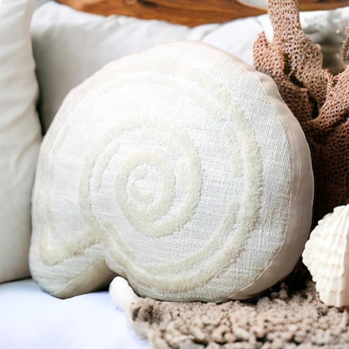 Ivory White Seashell Pillow | 14" Decorative Coastal Throw Pillows | Cotton Embroidered Shell Pil... | Amazon (US)