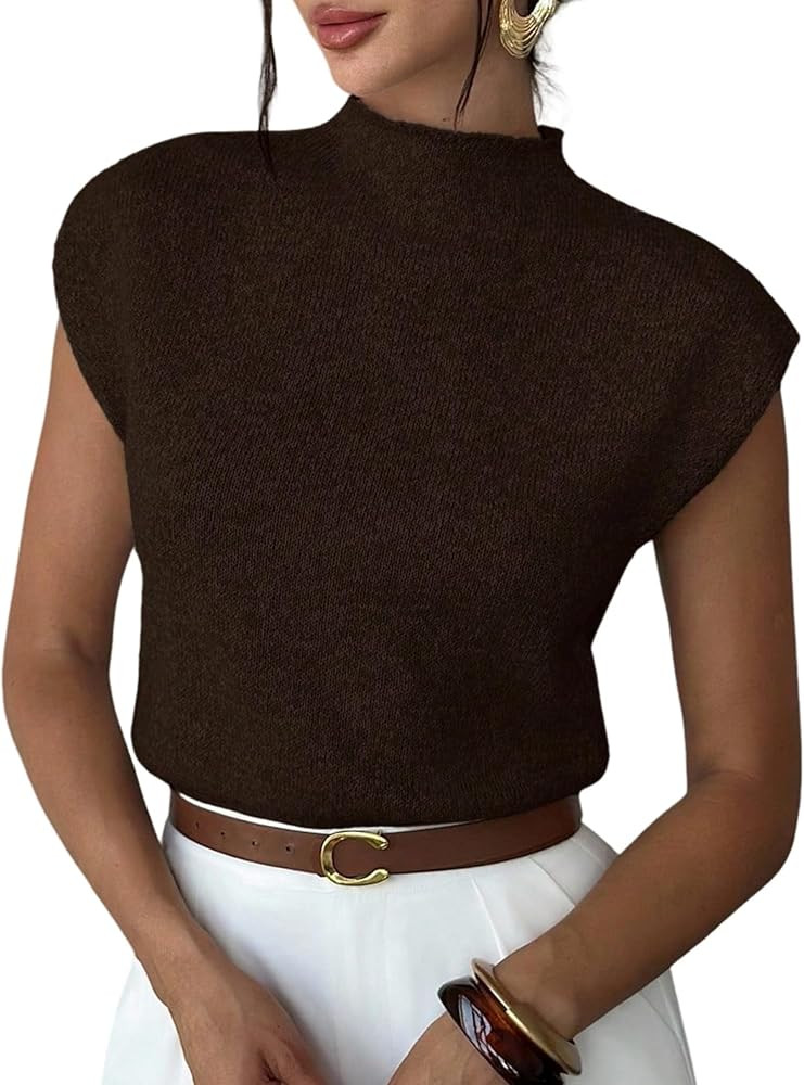 ZAFUL Women's Mock Neck Sweater Vest Cap Sleeve Casual Knit Pullover Tank Outfits Tops | Amazon (US)
