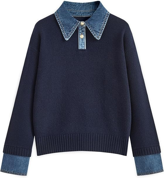 Womens Oversized Sweater Denim Polo Knit Collared Fall Sweater | Amazon (US)