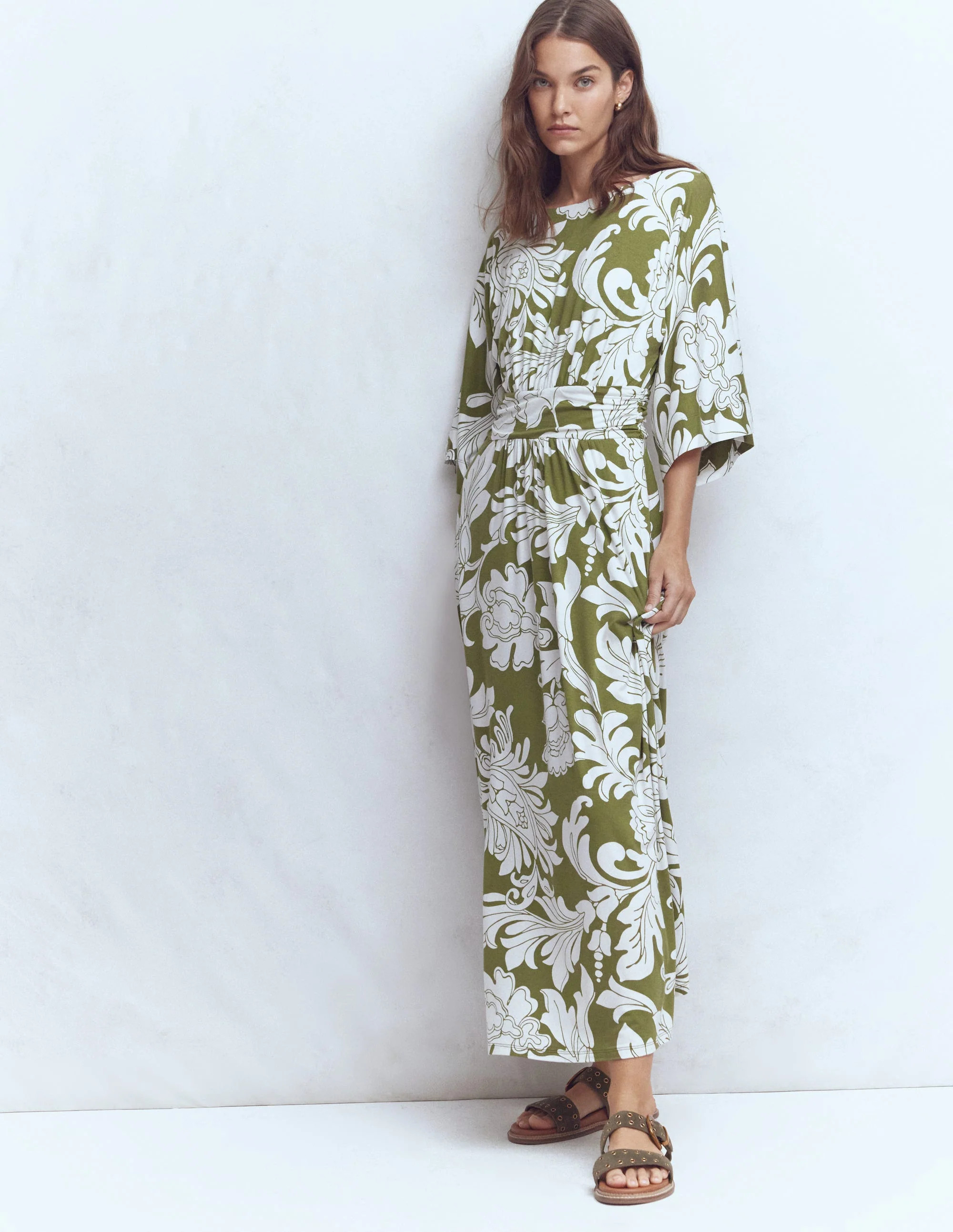 Imelda Kimono Jersey Dress-Olive, Botanical Flourish Mono | Boden (US)