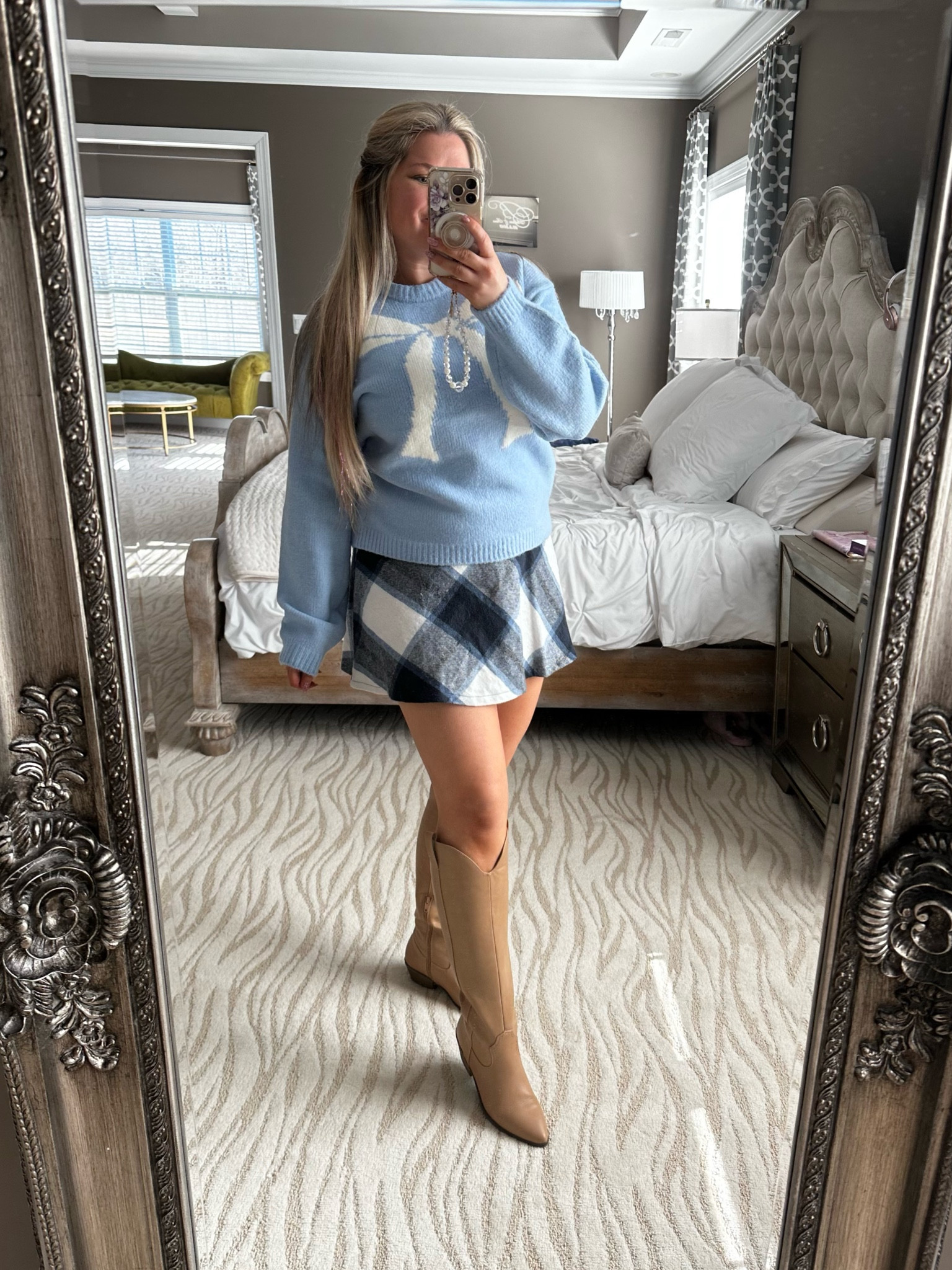 Friendsgiving fit: Skirts sweaters and boots are my fav easy fall outfit! 🎀 loving how much I’ve been seeing bows everywhere this season! 

Halara skirt is out of stock this season (it was the thermal plain mini) but they have other cute plaid options I linked! Target sweater runs big - I sized down 

#LTKSeasonal #LTKFindsUnder100 #LTKMidsize