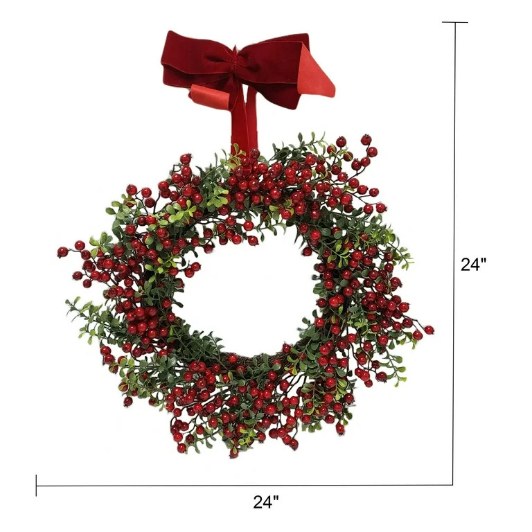 Holiday Time Non-Lit Red Berry Velvet Bow Boxwood Wreath Decor, 24" tall, 20.46 oz - Walmart.com | Walmart (US)