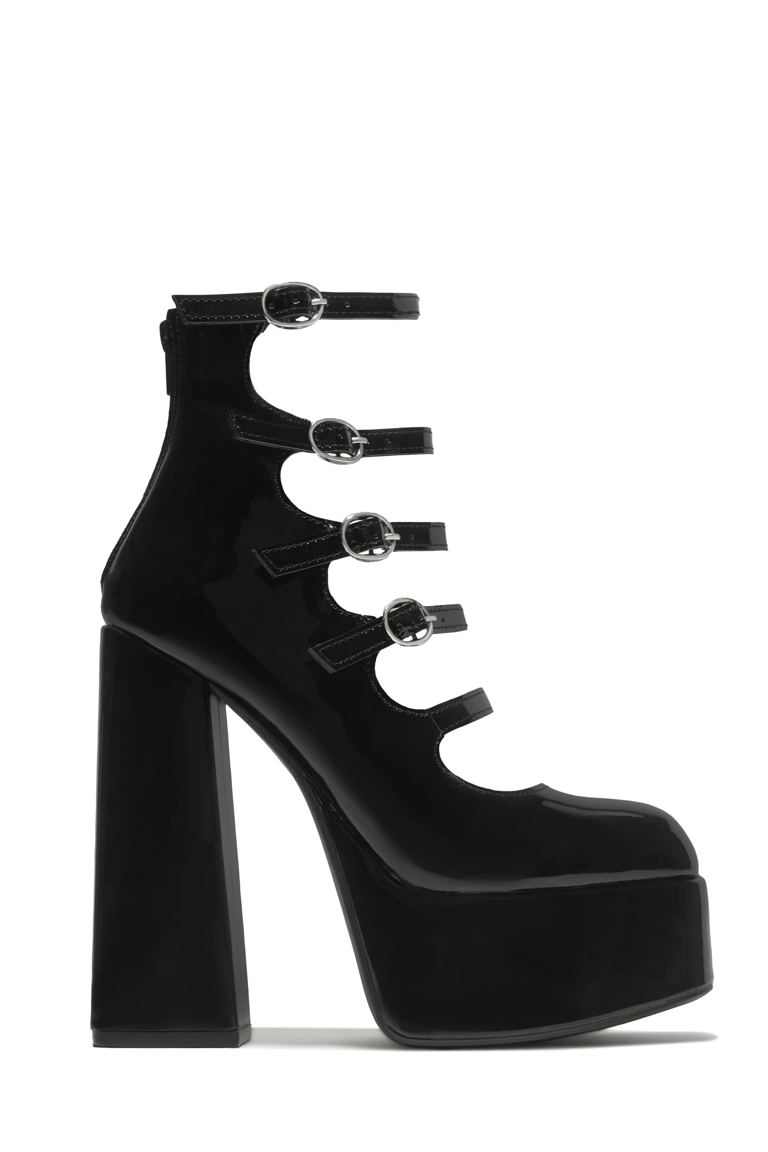 Miss Lola | Bellatrix Black Pat Platform Chunky Heels | MISS LOLA