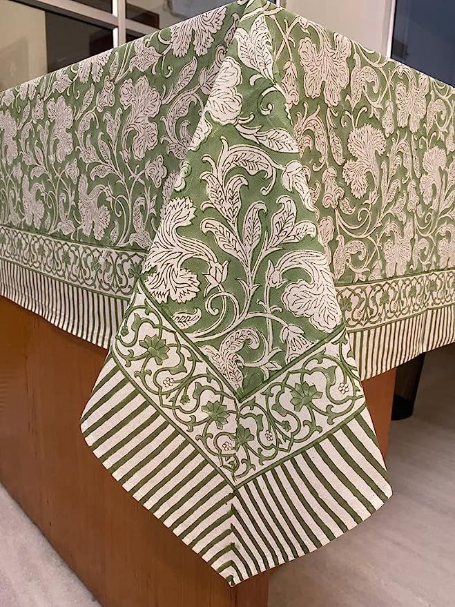 Sage Green and Off White Hand Block Print Table Cloth Washable 100% Cotton Material Cover Dinning... | Amazon (US)