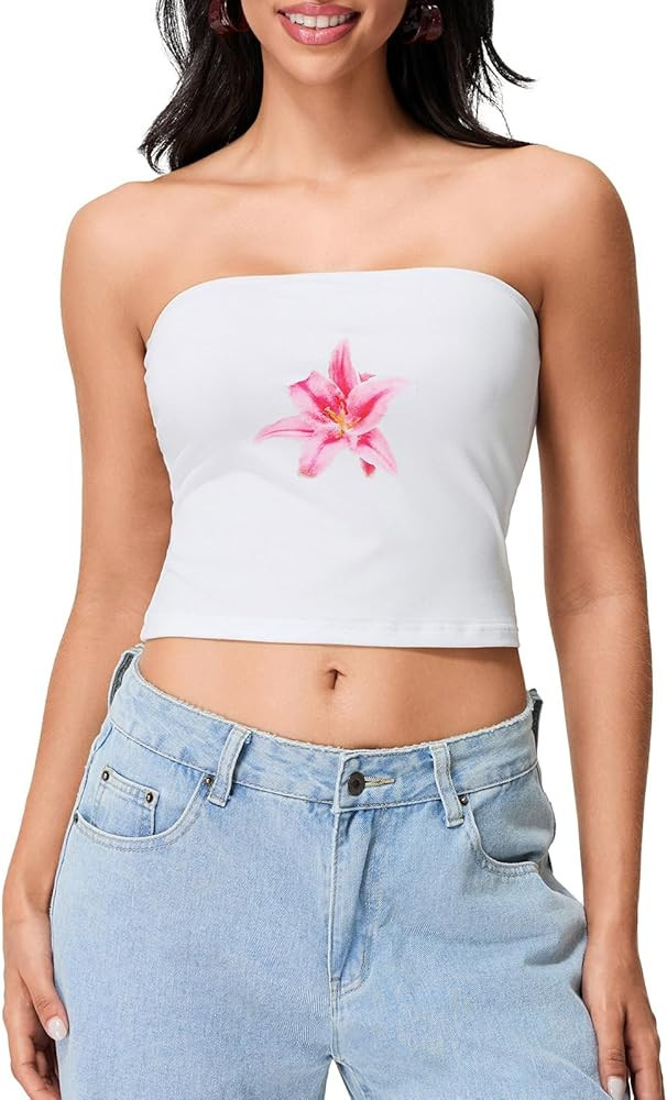 Women Y2k Floral Tube Top Cute Low Cut Sleeveless Backless Strapless Bandeau Crop Shirts Sexy Sum... | Amazon (US)