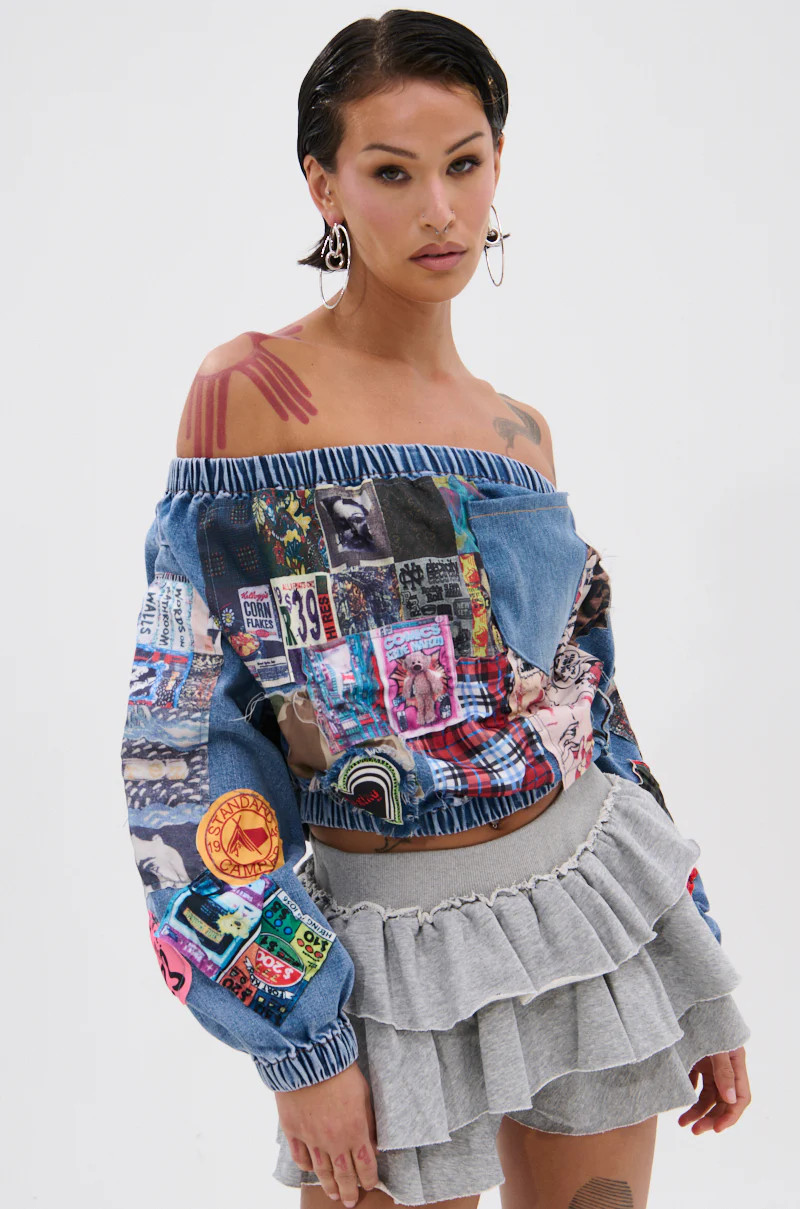 PATCHWORK DENIM OFF THE SHOULDER TOP | AKIRA