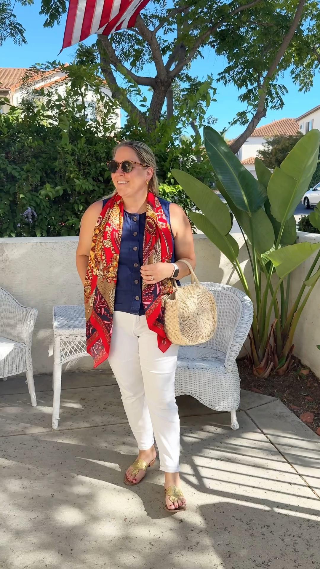 Winery lunch outfit 

Top: J.Crew Factory
White Jeans: Talbots
Scarf: Tuckernuck 
Handbag: Amazon
Sandals: Jack Roger’s

#LTKootd #LTKMidsize
