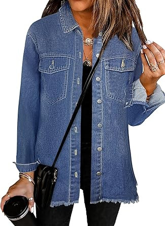 Women's Oversized Jean Jacket Casual Long Sleeve Denim Shirts Distressed Frayed Hem Denim Jackets... | Amazon (US)