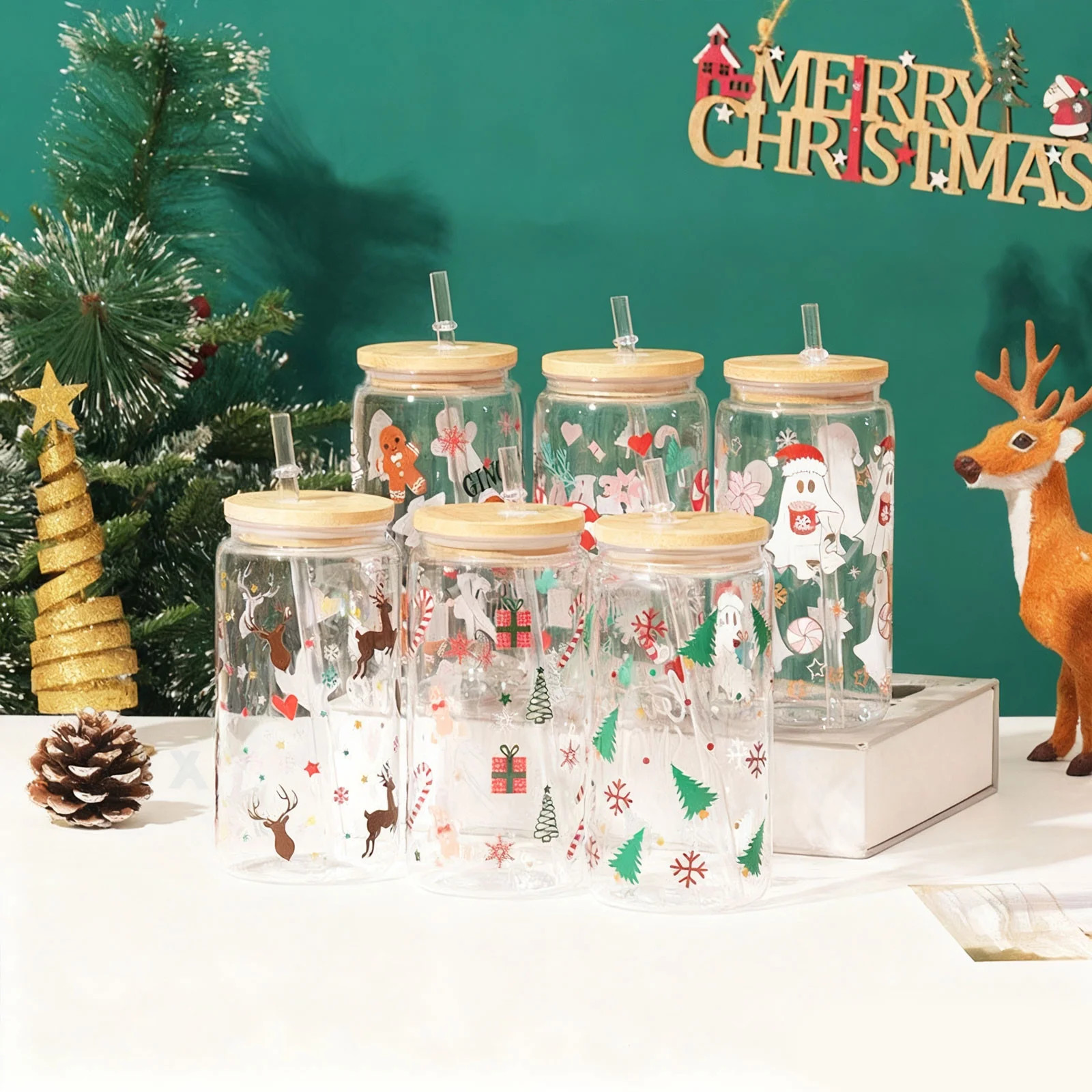 Christmas Glass Cups 16 oz Xmas Mason Jars with Lids & Straws Cute Colored Xmas Mugs for Water Ju... | Walmart (US)