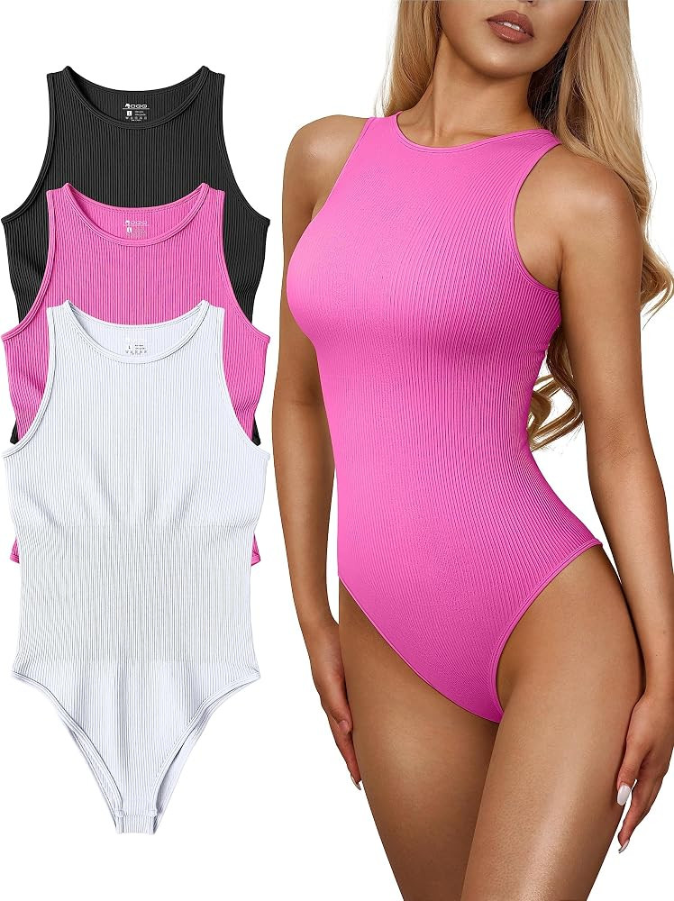 OQQ Women's 3 Piece Bodysuits Sexy Ribbed One Piece Sleeveless Halter Neck Tops Leotard Summer Tr... | Amazon (US)