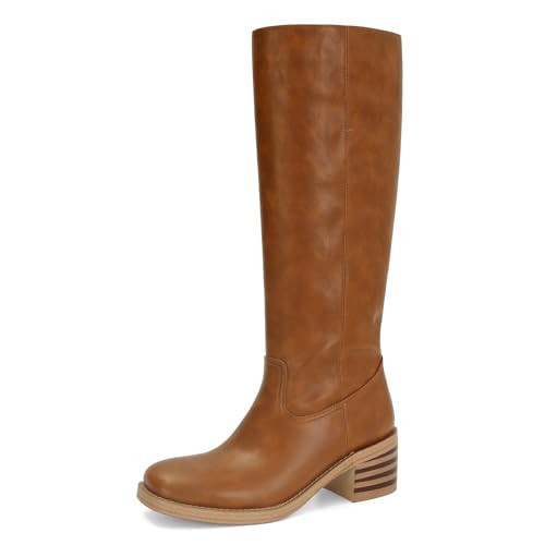 DOEYG Brown Knee High Boots for Women Square Toe Riding Boots Chunky Block Heel Tall Boots Pull on Wide Calf Comfortable Motorcycle Biker Boots Brown Size 9.5 | Amazon (US)