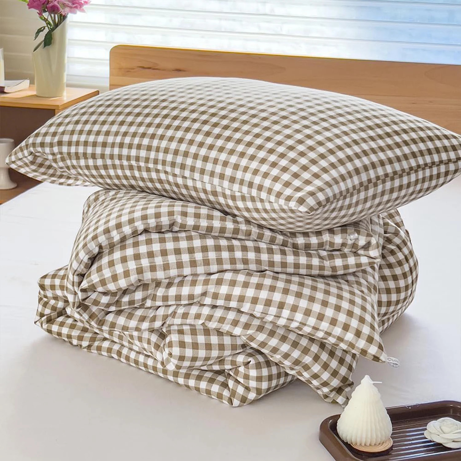 Tan Gingham King Comforter Set, Taupe Plaid Bedding Set, Checked Bed Comforter 3 Pieces(Tan Gingh... | Walmart (US)