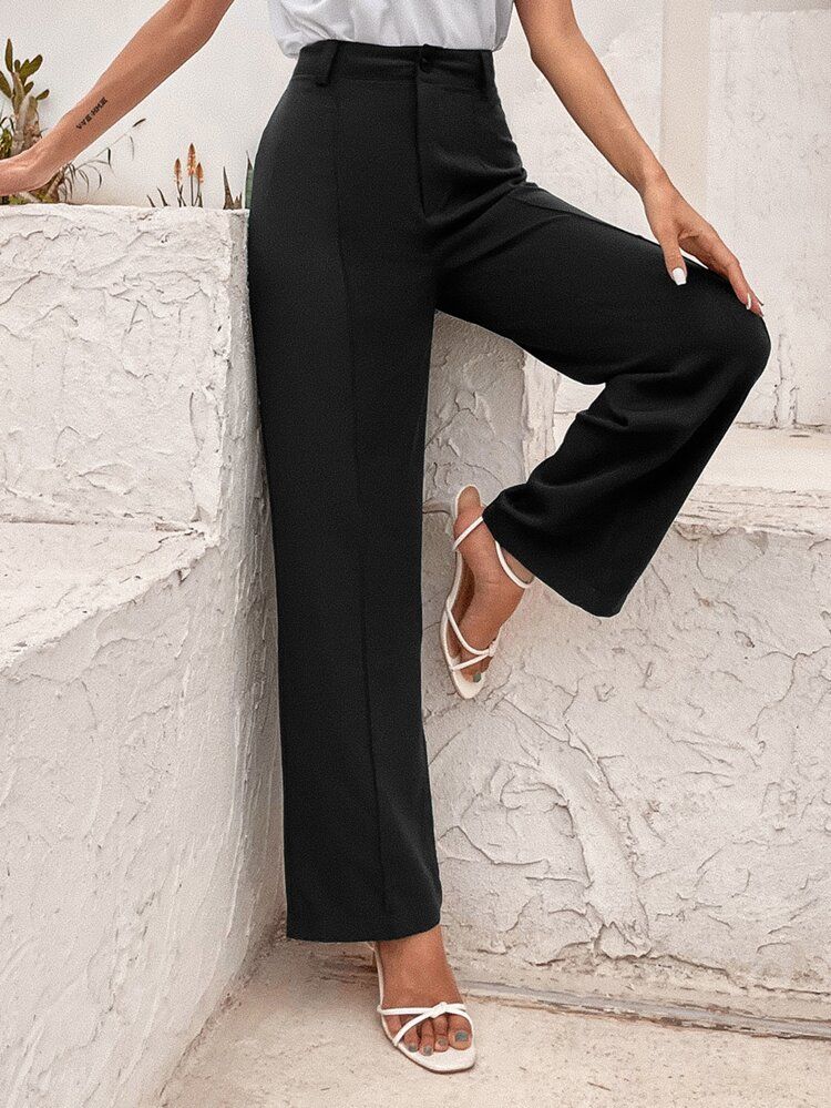 Solid Button Fly Straight Leg Tailored Pants | SHEIN