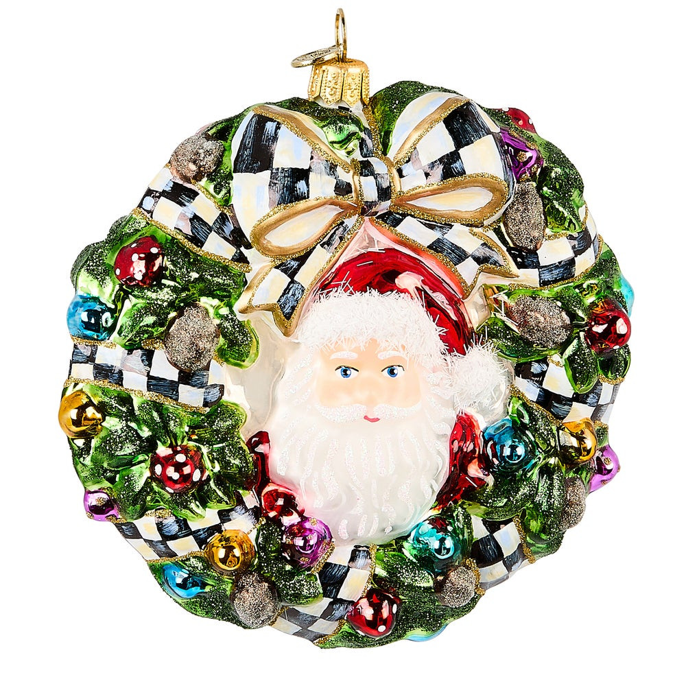 2025 Here Comes Santa Wreath Glass Ornament | MacKenzie-Childs