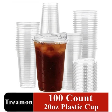 Treamon Clear Plastic Cups with Lids, Disposable Ice Coffee Cups with Strawless Sip Lids, 20 oz 100 Count | Walmart (US)