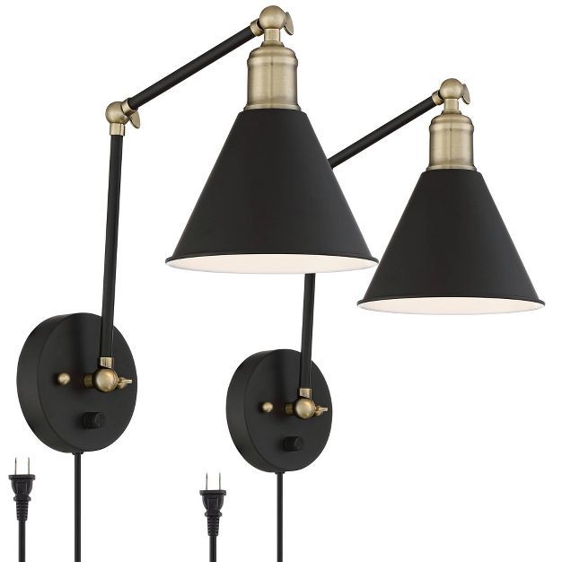 360 Lighting Modern Wall Lamp Plug-In Set of 2 Black and Antique Brass for Bedroom Reading Living... | Target