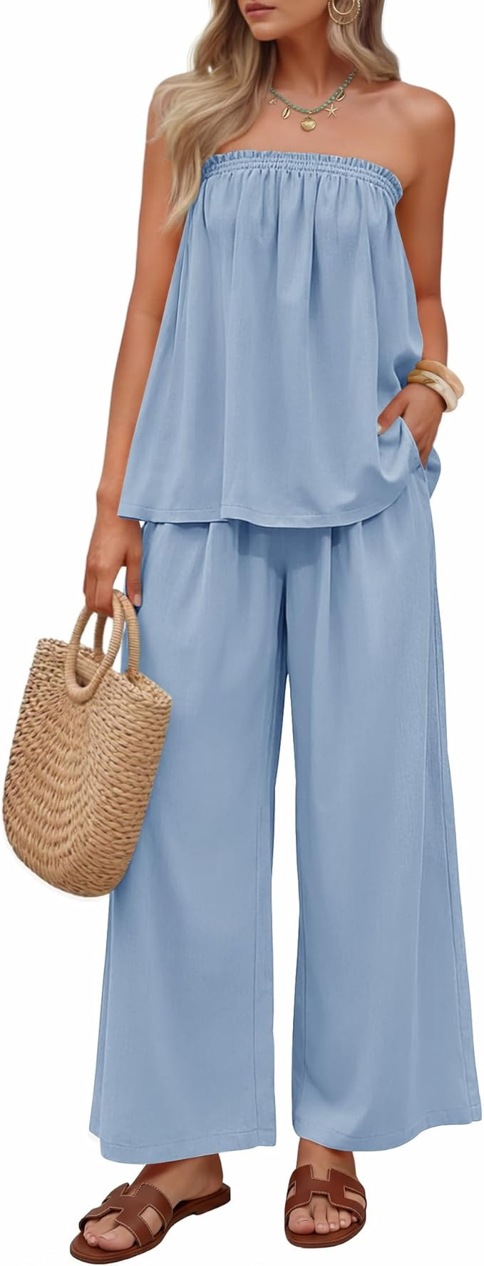 ZESICA Women's Summer 2 Piece Sets 2026 Spring Casual Strapless Tube Top Wide Leg Pants Ruffle Be... | Amazon (US)