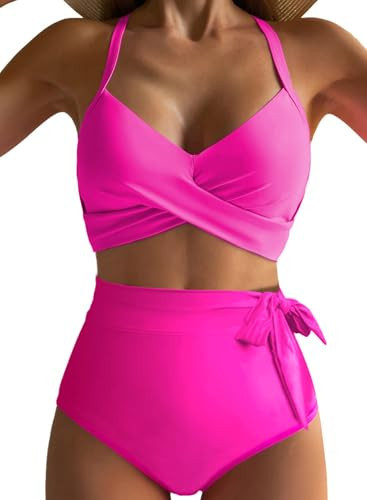 Dokotoo High Rise Bikini Sets for Women Bathing Suit Adjustable Straps 2025 Twist Front Two Piece Swimsuit Sexy Summer Beach Vacation Essentials Tie Up Tummy Control Swimwear,Rose Red Medium | Amazon (US)